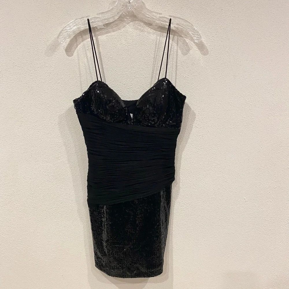 NWT Basix II Black Sequin Pleated Mini Dress Size 2